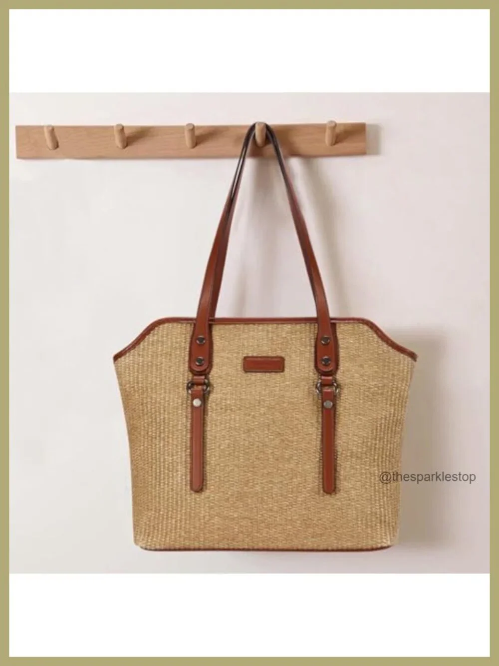 Large Capacity Straw & Vegan Leather Tote Bag for Women Shoulder Travel Work